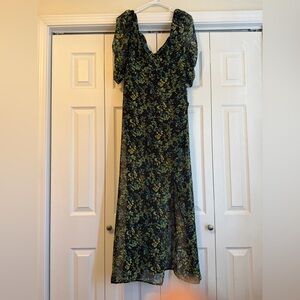 Mi Ami Floral Chiffon Midi Dress Puff Sleeves Green Black Size M